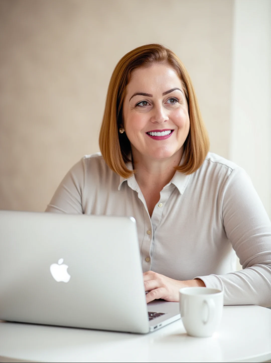 Erika Muricy, psicóloga de casal, sorrindo diante do notebook durante atendimento online, com uma xícara de café sobre a mesa